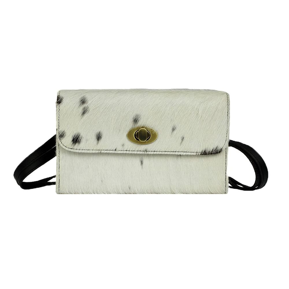 9783 White Upcycled Hair On Leather Turnlock Wallet On String
